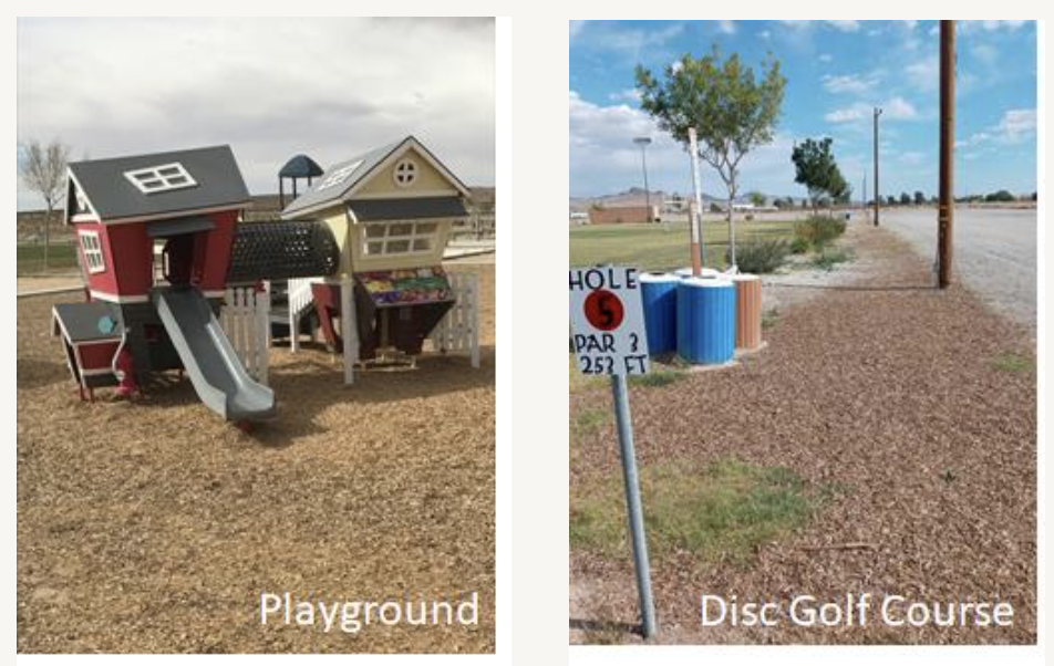 An image shows a playground with two fun play structures on the left and a disc golf course hole sign on the right.