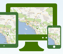 The image shows a map interface displayed on multiple devices: a computer, tablet, and smartphone.