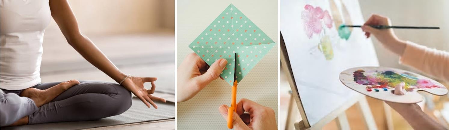 The image showcases mindfulness activities: meditation, crafting, and painting, highlighting relaxation and creativity.
