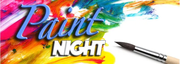 The image promotes a "Paint Night" event, featuring colorful paint swirls and a paintbrush.