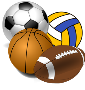 The image features four different sports balls: a soccer ball, volleyball, basketball, and football.