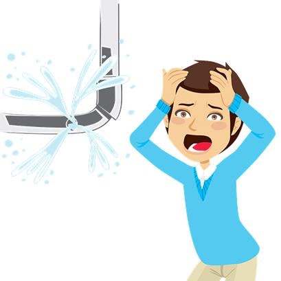 A worried person reacts to water spraying from a pipe, indicating a plumbing problem.