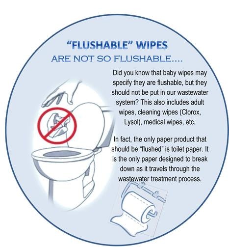 The image warns that "flushable" wipes, including baby and cleaning wipes, shouldn't be flushed; only toilet paper is safe for toilets.