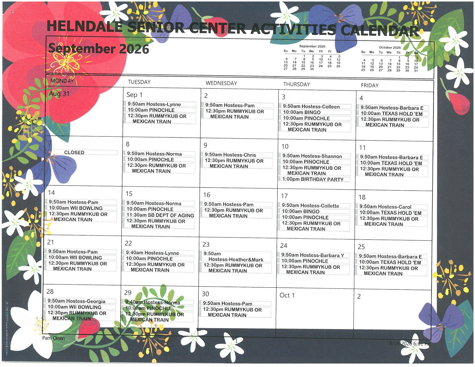 The image is a September 2026 activity calendar for the Helendale Senior Center, listing various events and hosts.