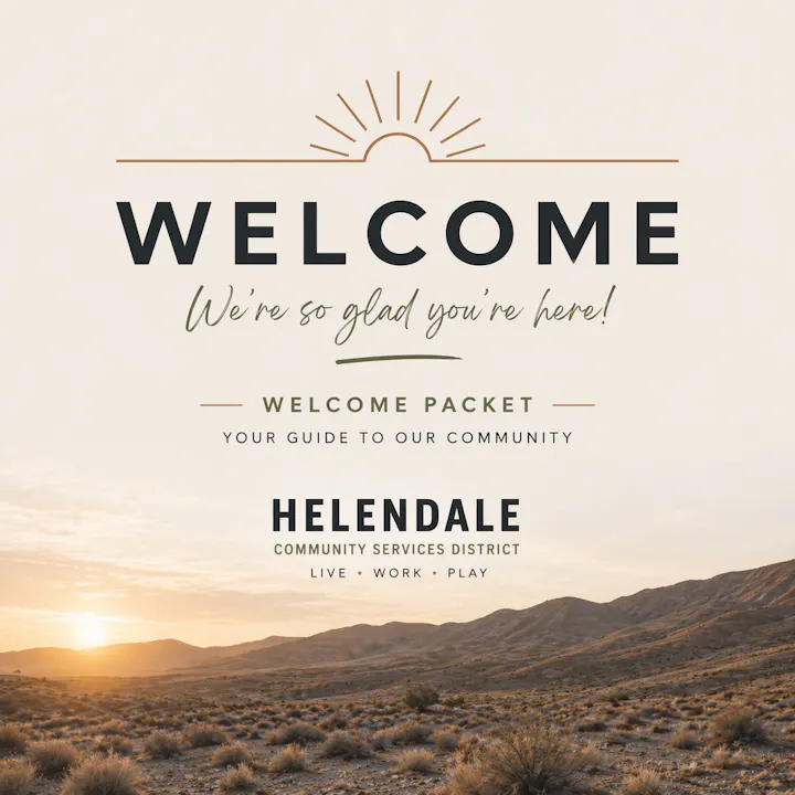 A welcoming message for new residents in Helendale, offering a guide to the community. It emphasizes living, working, and playing.