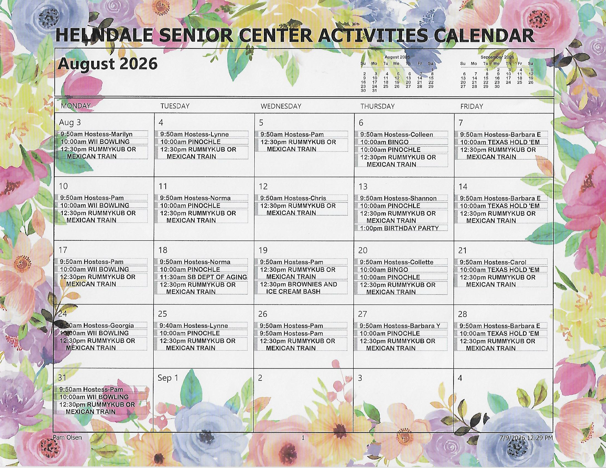 A calendar for August 2026 at Helendale Senior Center, featuring activities like bowling, RummyKub, and Bingo.