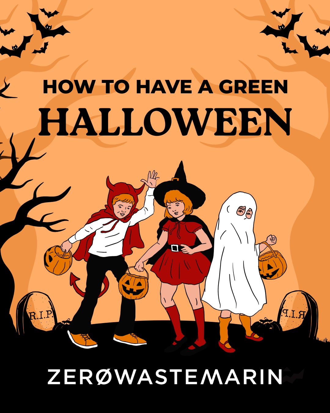 Children in Halloween costumes, jack-o'-lanterns, bats, tombstones; "How to have a Green Halloween" text.