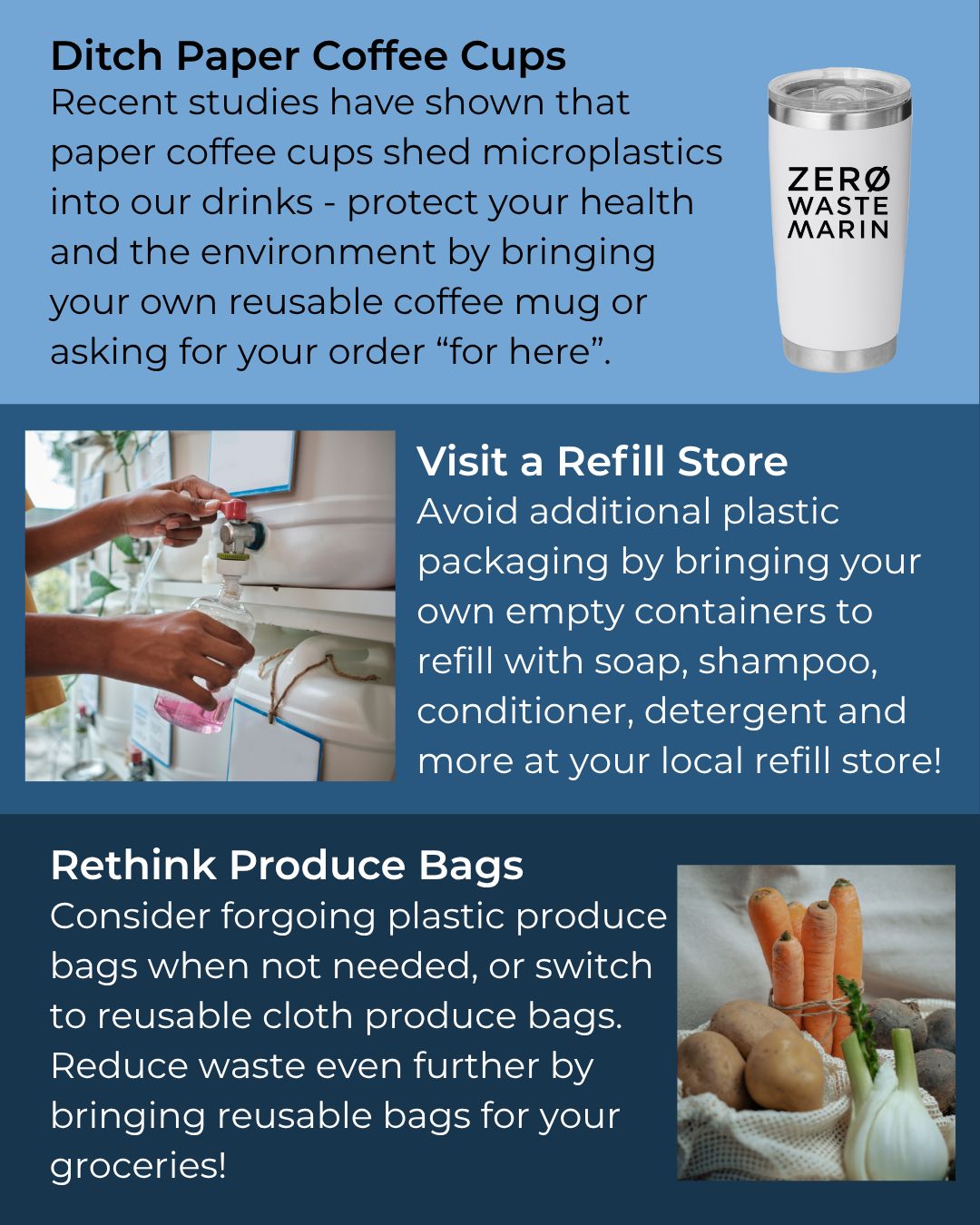 Tips for reducing waste: ditch paper coffee cups, visit refill stores, and rethink produce bags for sustainable shopping.