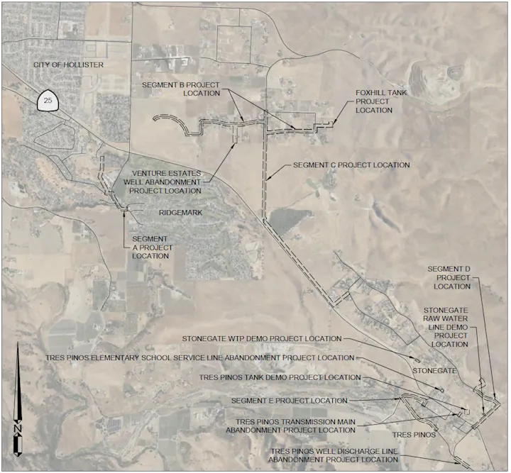Map showing project locations around City of Hollister, including segments A-E, Foxhill Tank, and various abandonment sites.