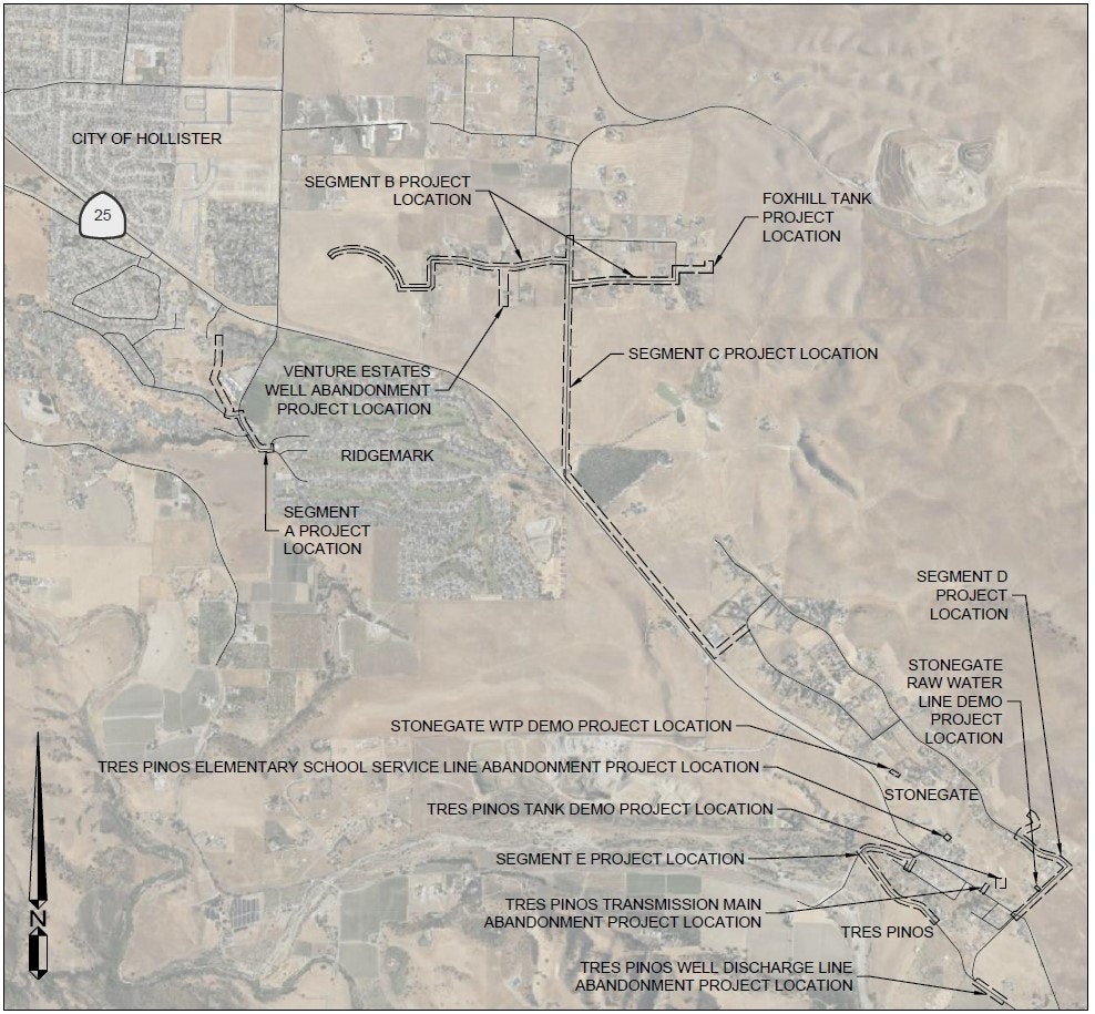 Map showing project locations around City of Hollister, including segments A-E, Foxhill Tank, and various abandonment sites.