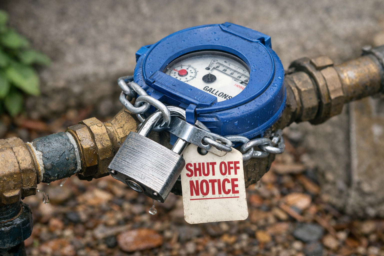A water meter secured with a chain and padlock, displaying a "Shut Off Notice" tag, suggests a water service suspension.