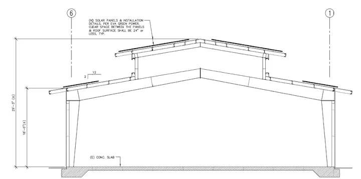 The image is a technical drawing of a structure with solar panel installation details and guidelines on spacing.