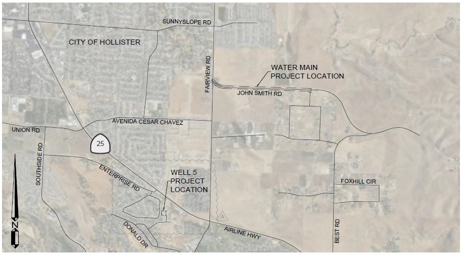 Map showing City of Hollister with Southside Rd, Fairview Rd, and project locations for Well 5 and Water Main.