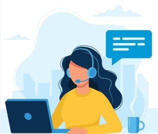 Illustration of a person with a headset working on a laptop, coffee cup nearby, with a speech bubble, likely customer service.