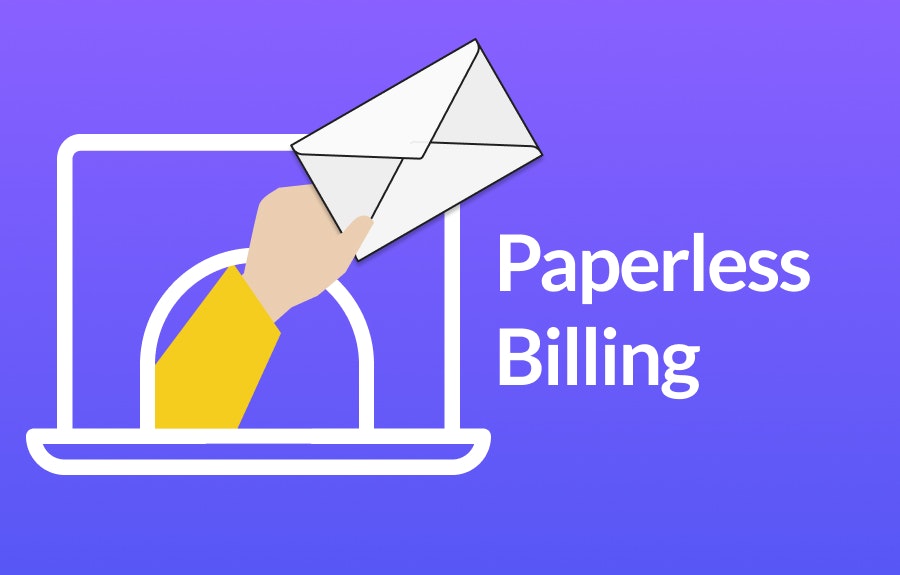 A hand holds an envelope emerging from a laptop with "Paperless Billing" text on a purple background.