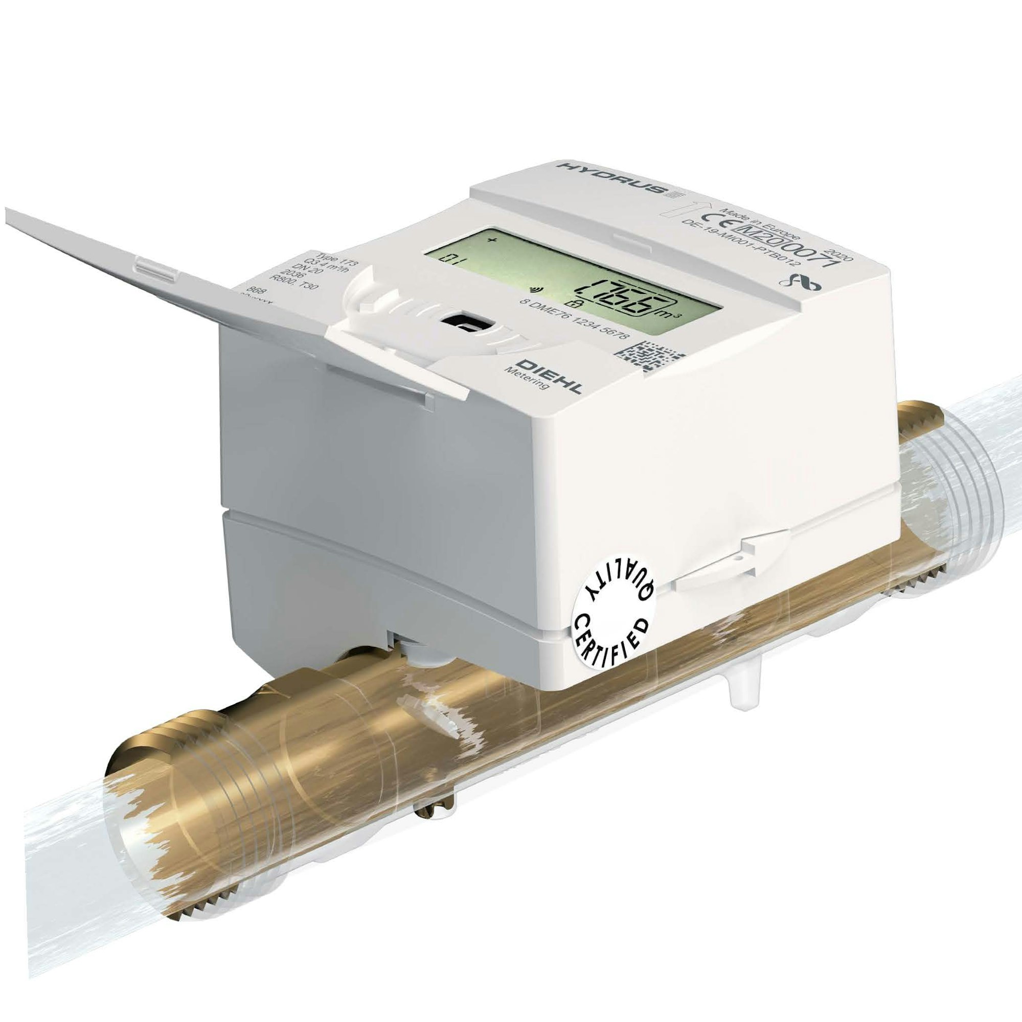 The image shows a digital water meter with a display for measuring water usage, mounted on a pipe.