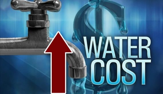 A tap with a rising arrow and text "WATER COST," suggesting an increase in water prices.