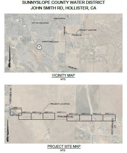Two maps depicting the Sunny slope County Water District project location on John Smith Rd, Hollister, CA.