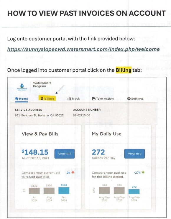 Instructions for viewing past invoices on a customer portal.