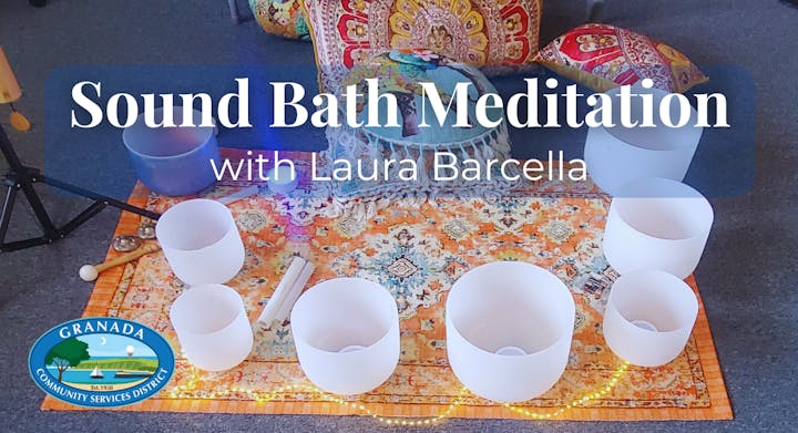 Sound Bath Meditation setup with bowls, pillows, and a colorful mat. Text: "Sound Bath Meditation with Laura Barcella."