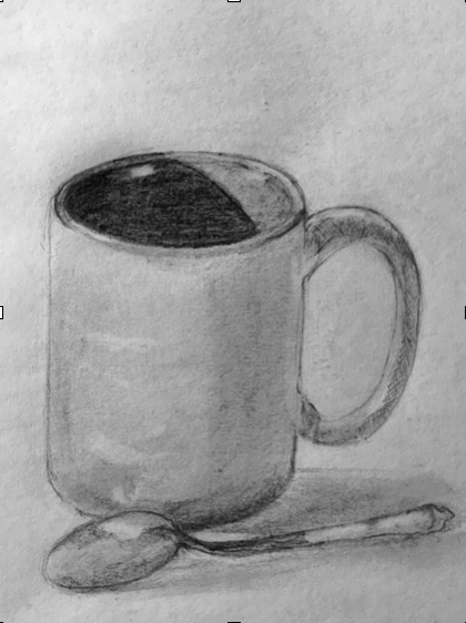 Pencil sketch of a mug with a beverage, possibly coffee, and a spoon resting beside it on a surface.