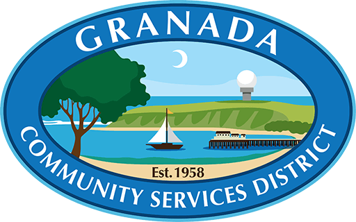 A logo with a tree, sailboat, a radar dome, and pier, reading "Granada Community Services District Est. 1958."