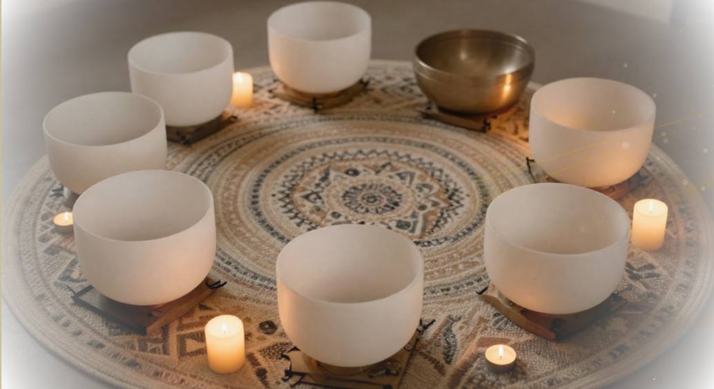 The image features a circular arrangement of crystal singing bowls and candles on a patterned rug, creating a serene atmosphere.