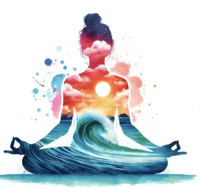 A meditative silhouette filled with vibrant waves, clouds, and a sunset, symbolizing peace and connection to nature.