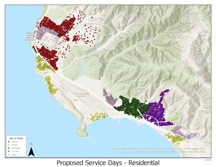 A map showing proposed residential service days, with color-coded areas for Monday to Friday.