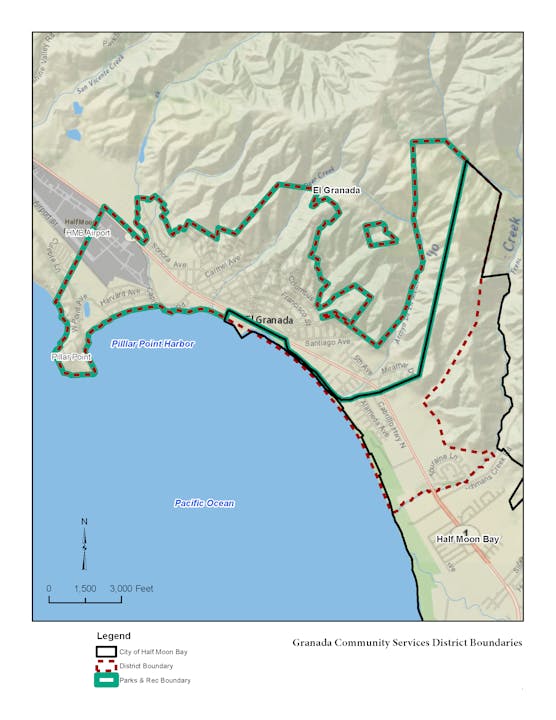 Map showing Granada Community Services District boundaries near Half Moon Bay, California, with legend for District and Parks & Rec boundaries.
