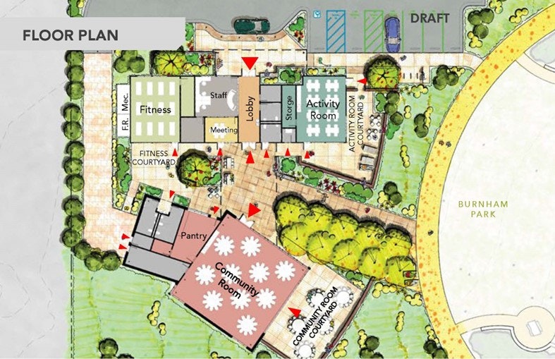 Draft floor plan of a building with a lobby, meeting rooms, fitness areas, activity room, and courtyards near a park.