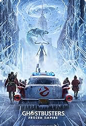 Movie poster with icy theme featuring characters, a vehicle with a logo, and a towering spectral figure.