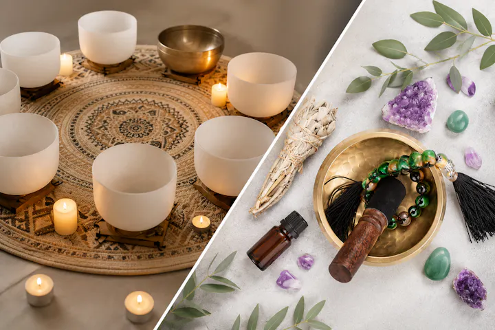 A serene space featuring singing bowls, candles, crystals, sage, and aromatic oils for meditation and healing.