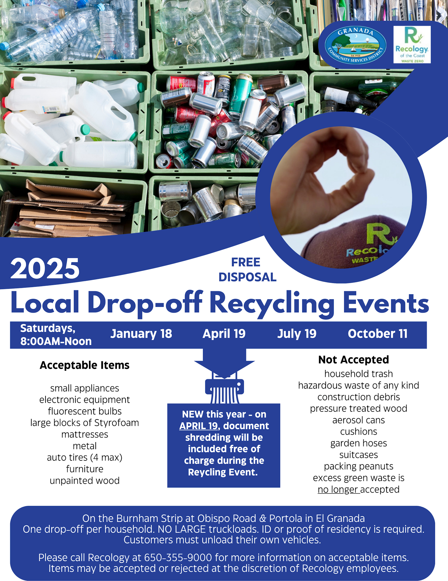 A flyer for local drop-off recycling events, listing dates, acceptable items, and exclusions, with recycling bins in the background.
