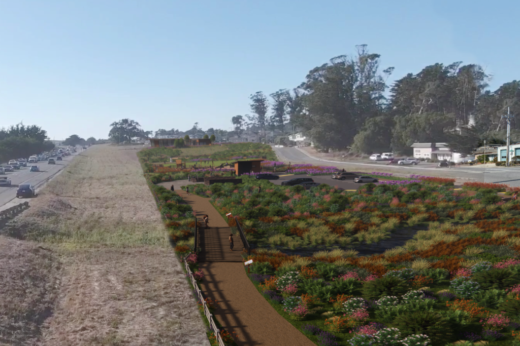 A landscape transformation concept showing a lush garden replacing a barren slope next to a road, with a walkway and people.
