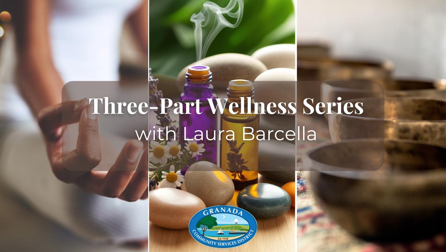 Three-Part Wellness Series with Laura Barcella, featuring meditation, aromatherapy, and singing bowls.