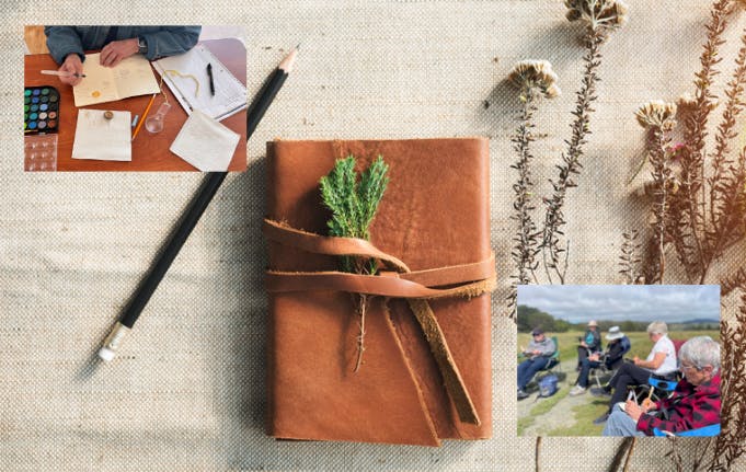 A collage of images showing stationery, a leather journal, dried plants, and a group of people seated outdoors.