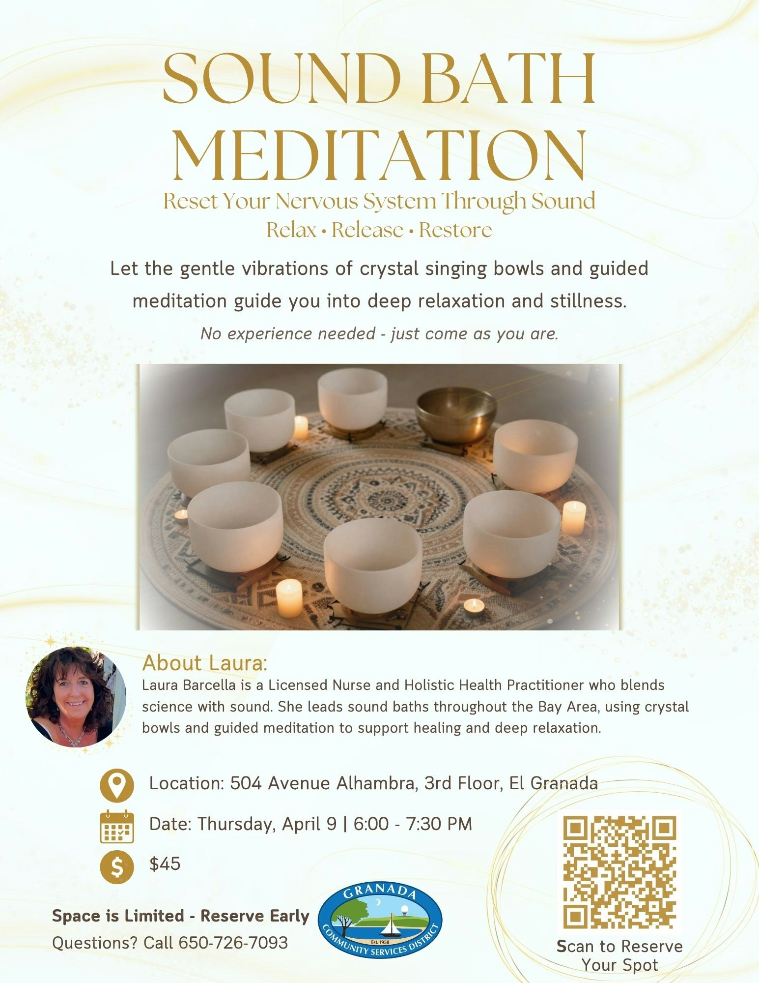 Promoting a sound bath meditation on April 9, 6-7:30 PM in El Granada. Cost: $45. Reserve your spot!