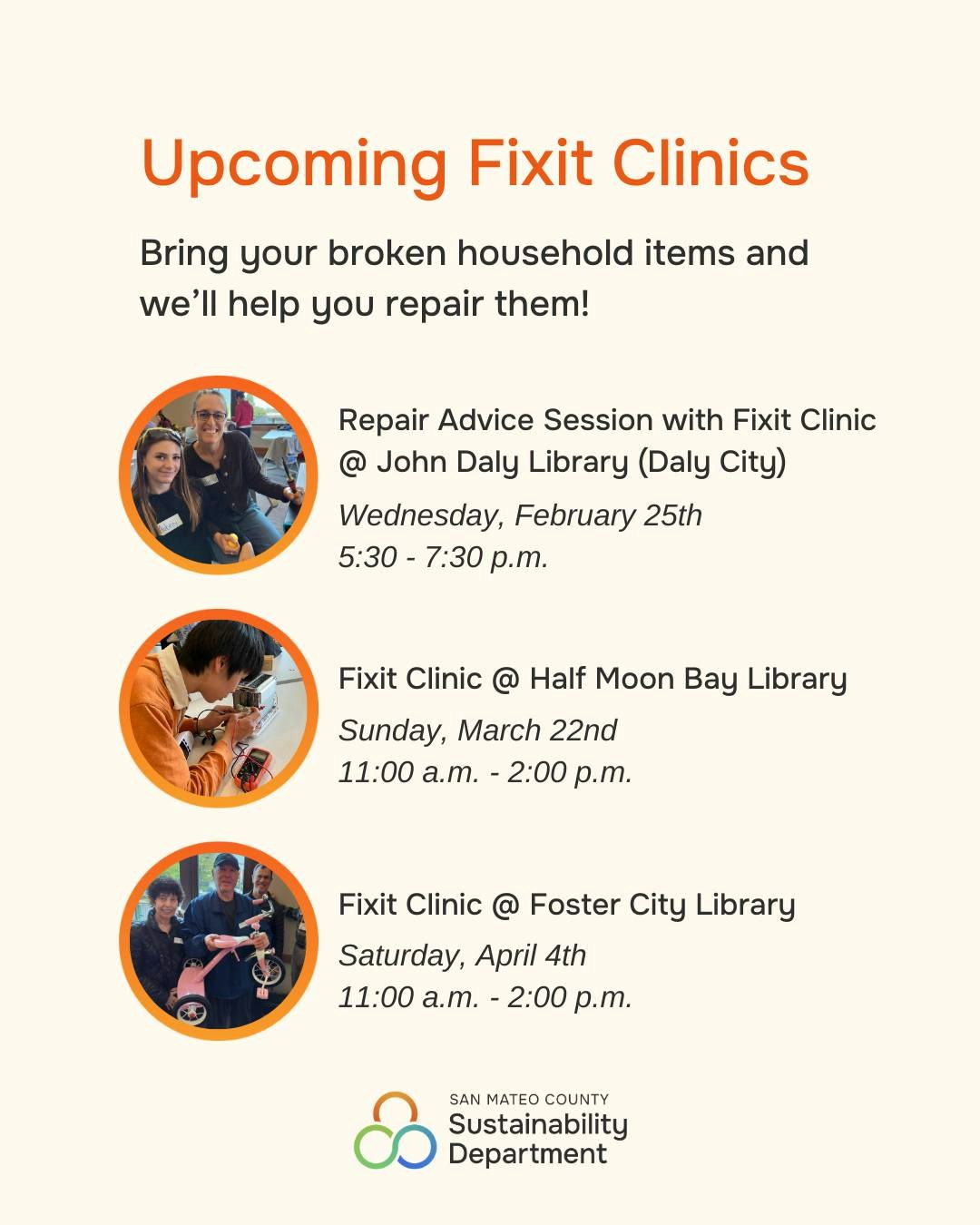 Upcoming Fixit Clinics for repairing household items at local libraries on February 25, March 22, and April 4.