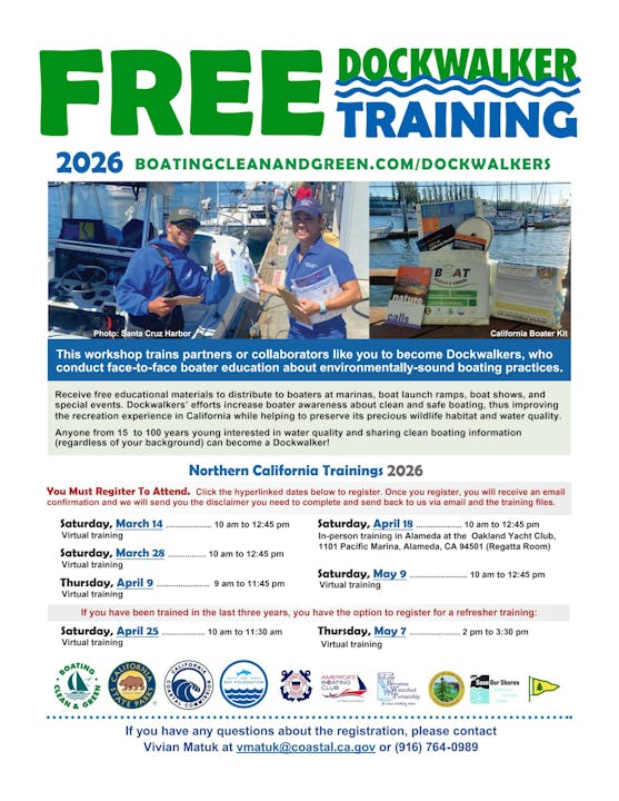The image promotes free Dockwalker training in Northern California for 2026, focusing on environmentally-sound boating practices.