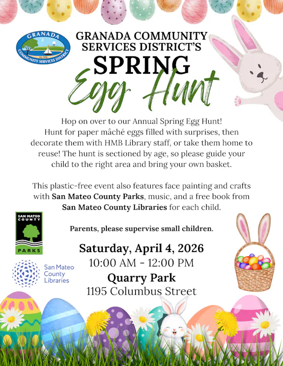 Annual Spring Egg Hunt on April 4, 2026, at Quarry Park. Activities include egg hunt, face painting, and crafts. Free book for kids!