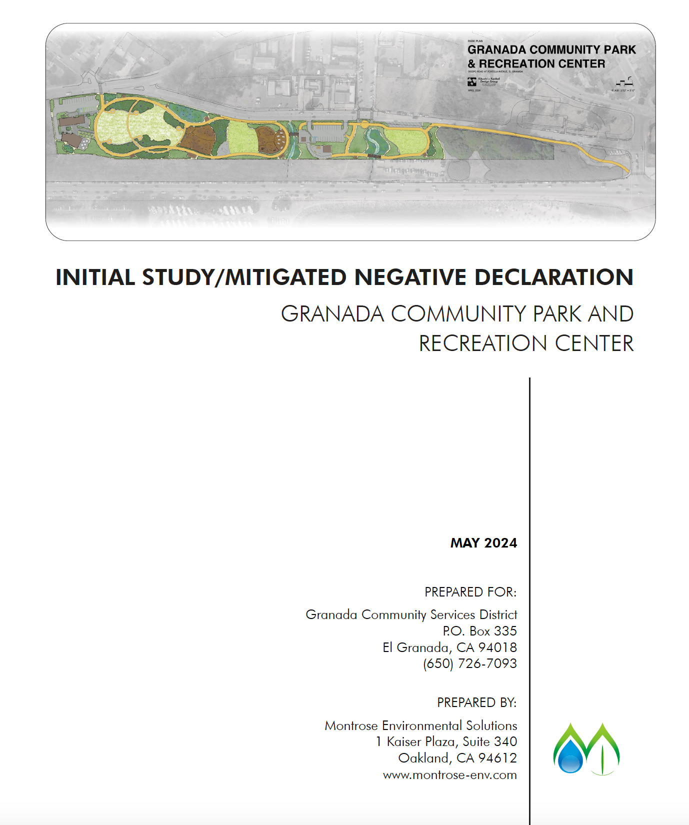 Cover page for the "Granada Community Park and Recreation Center" study, prepared by Montrose Environmental Solutions, May 2024.