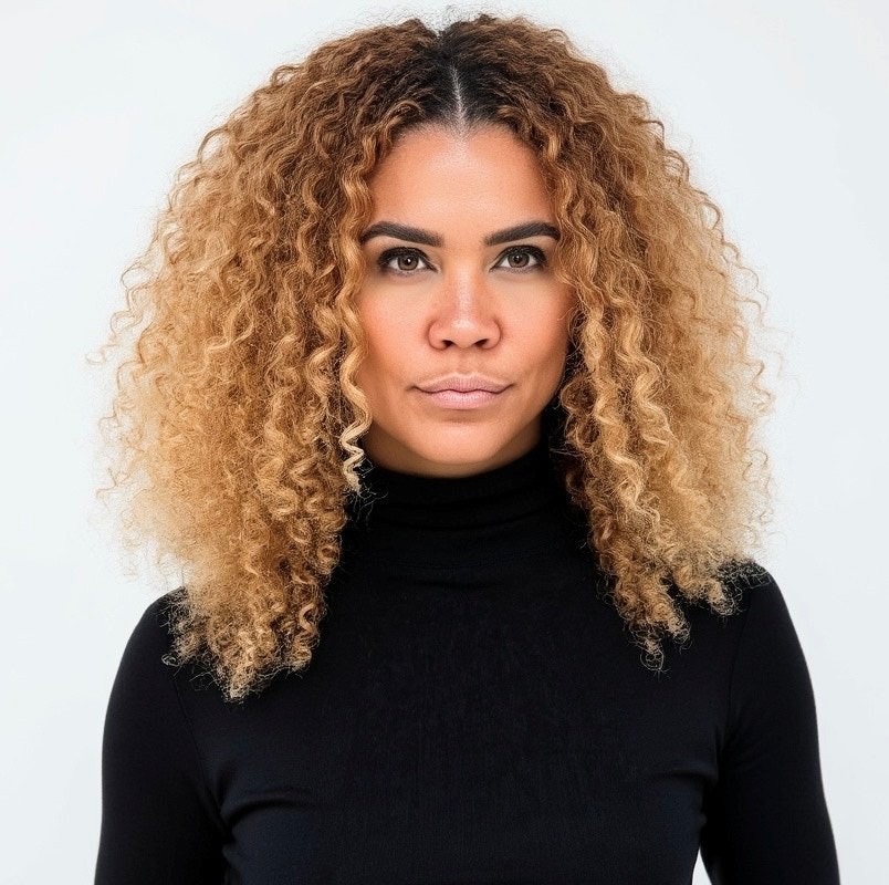 A person with curly hair wearing a black turtleneck against a plain background.