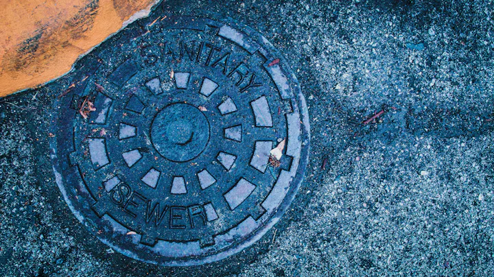 A weathered manhole cover labeled "SANITARY SEWER" set in a blue-textured asphalt surface with some orange paint and leaves.