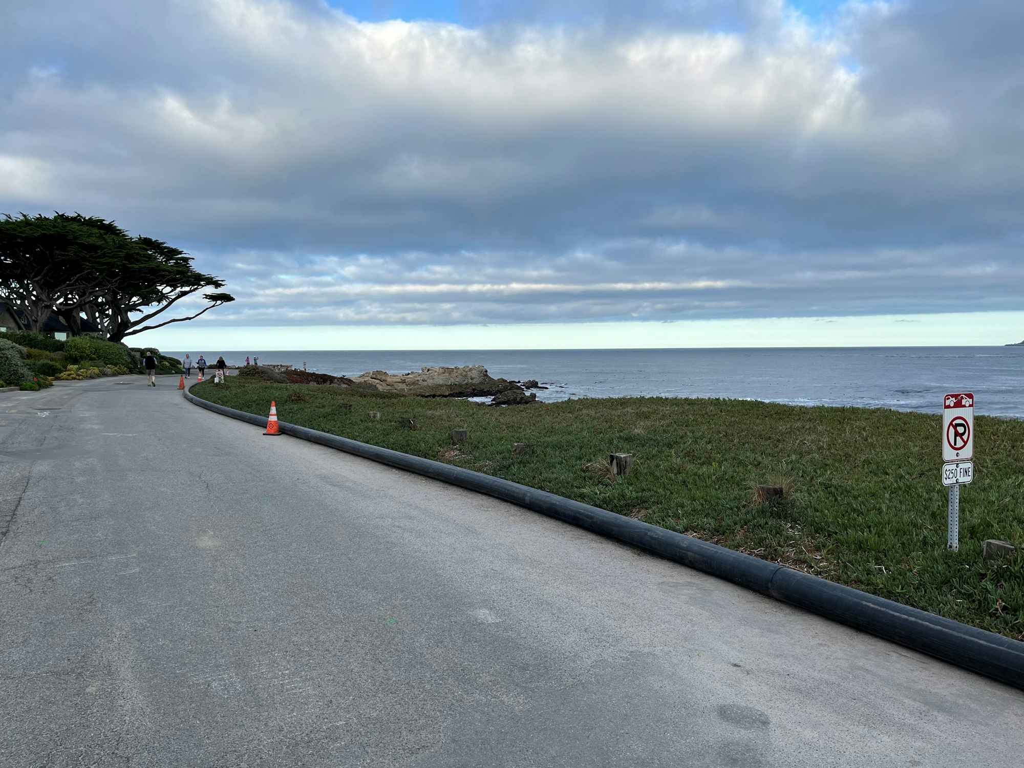 Coastal road with people walking, traffic cones, no parking sign, trees, grass, and a cloudy sky over the ocean.