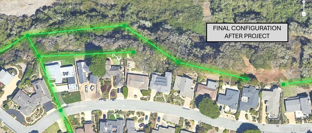 Aerial view of houses with green boundary lines marking "Final Configuration After Project" in a residential area.