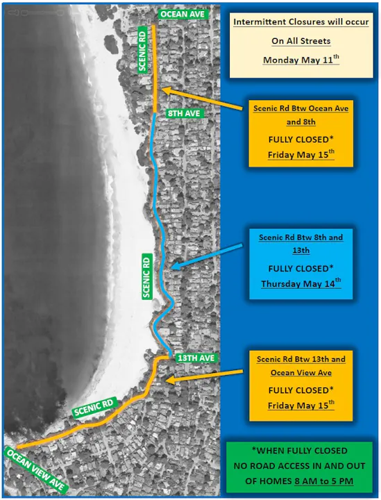 The image outlines road closures for Scenic Road and nearby streets from May 11-15, detailing specific closures and times.