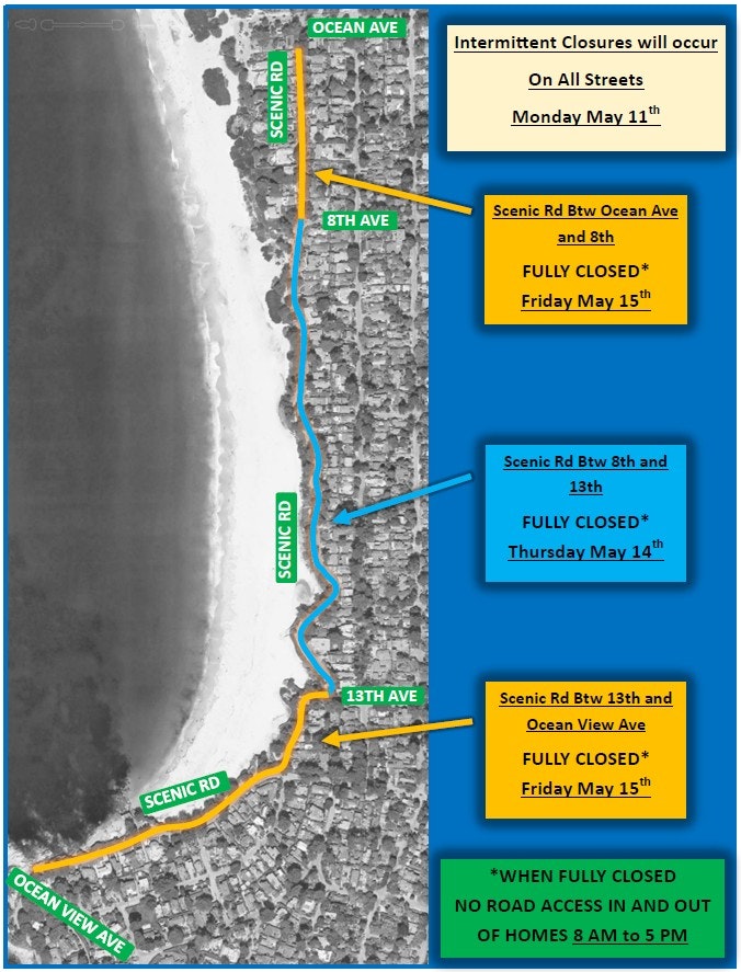 The image outlines road closures for Scenic Road and nearby streets from May 11-15, detailing specific closures and times.