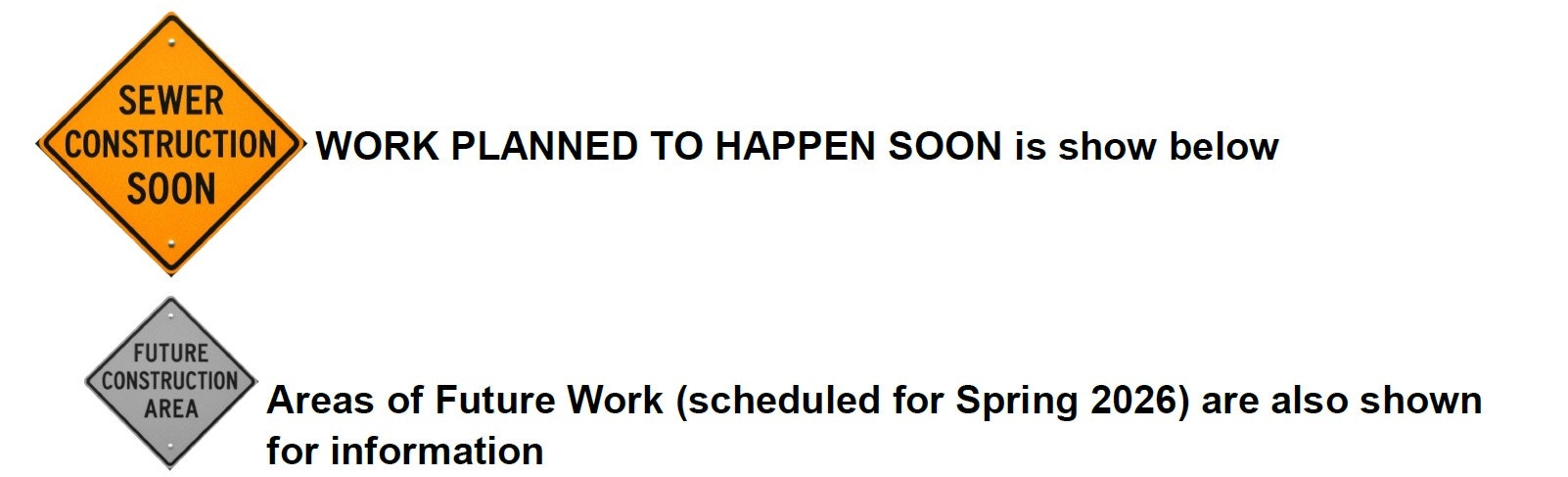 Signs for upcoming sewer construction and future work scheduled for Spring 2026.