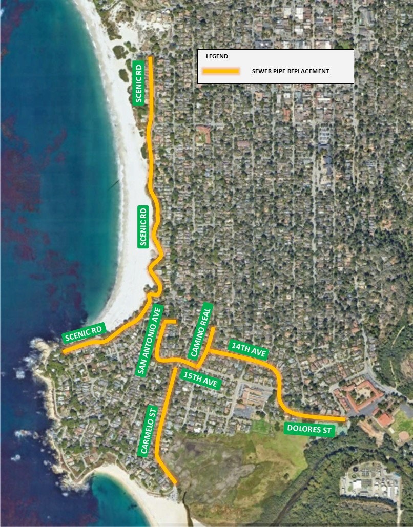 Aerial map with highlighted sewer pipe replacement route along streets.